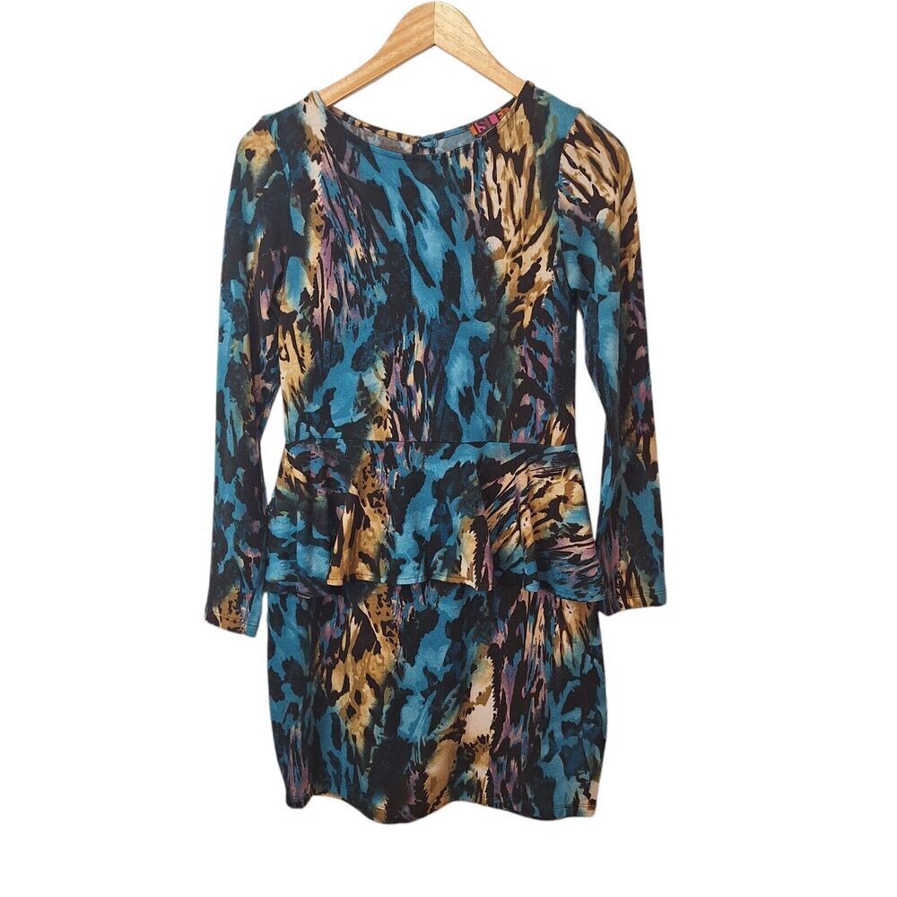 Isle Apparel Women's Peplum Fitted Dress Size‎ S Blue Multi Long Sleeve Knit VTG